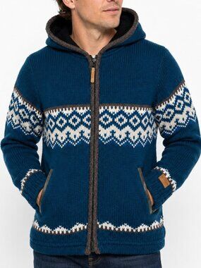 Kyber Outwear Nepal 100% Wool Fleece Lined Hooded Sweater Jacket Blue Men's S